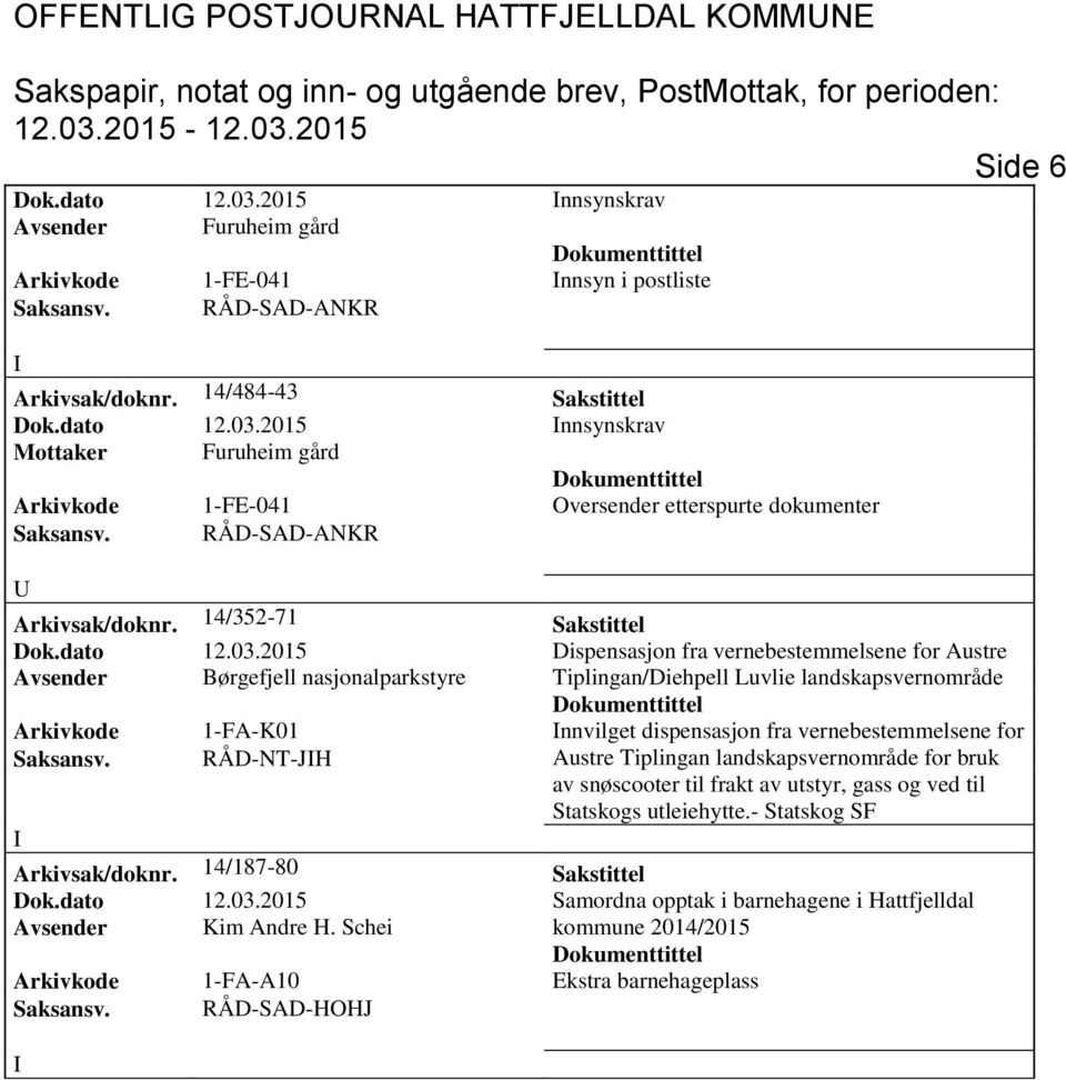 2015 nnsynskrav Furuheim gård Arkivkode 1-FE-041 Oversender etterspurte dokumenter aksansv. RÅD-AD-ANKR Arkivsak/doknr. 14/352-71 akstittel Dok.dato 12.03.