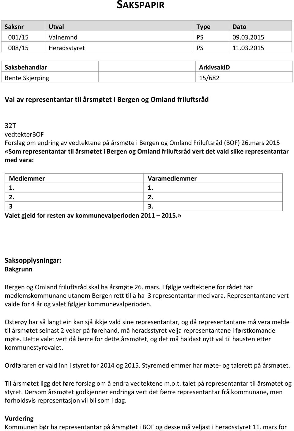 2015 Saksbehandlar ArkivsakID Bente Skjerping 15/682 Val av representantar til årsmøtet i Bergen og Omland friluftsråd 32T vedtekterbof Forslag om endring av vedtektene på årsmøte i Bergen og Omland