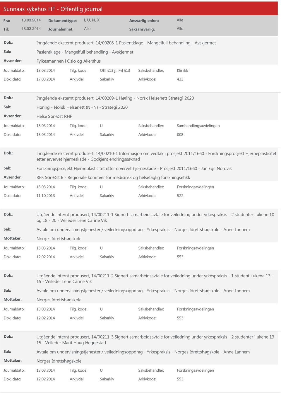 dato: Arkivdel: Sakarkiv Arkivkode: 008 Inngående eksternt produsert, 14/00210-1 Informasjon om vedtak i prosjekt 2011/1660 - Forskningsprosjekt Hjerneplastisitet etter ervervet hjerneskade -