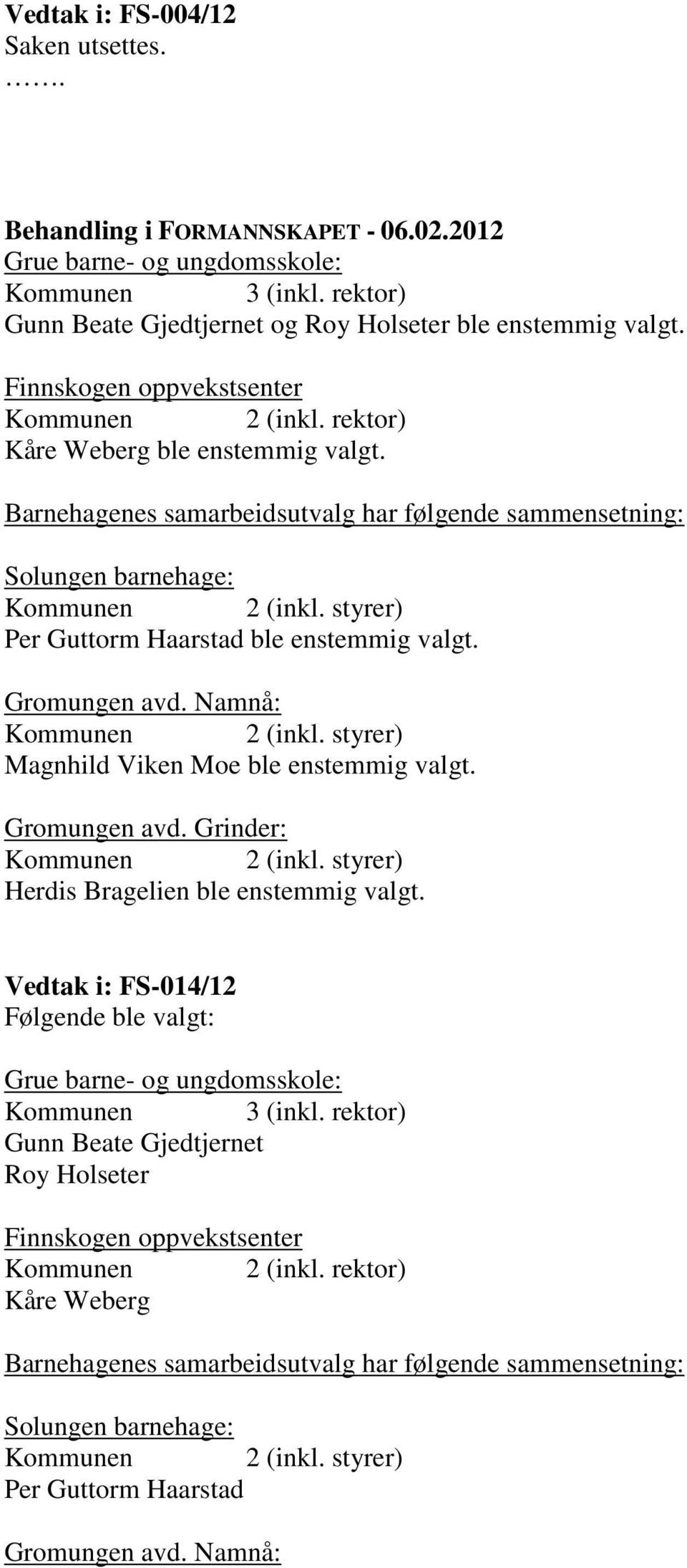 Gromungen avd. Namnå: Kommunen 2 (inkl. styrer) Magnhild Viken Moe ble enstemmig valgt. Gromungen avd. Grinder: Kommunen 2 (inkl. styrer) Herdis Bragelien ble enstemmig valgt.