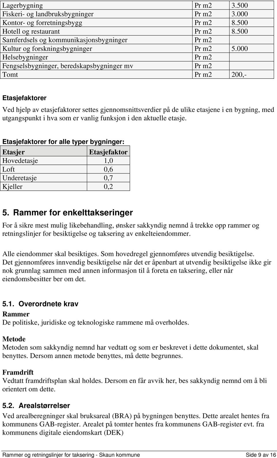 000 Helsebygninger Pr m2 Fengselsbygninger, beredskapsbygninger mv Pr m2 Tomt Pr m2 200,- Etasjefaktorer Ved hjelp av etasjefaktorer settes gjennomsnittsverdier på de ulike etasjene i en bygning, med