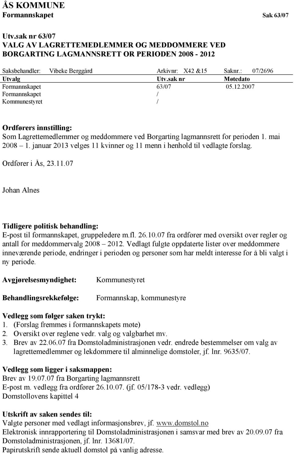 2007 Formannskapet / Kommunestyret / Ordførers innstilling: Som Lagrettemedlemmer og meddommere ved Borgarting lagmannsrett for perioden 1. mai 2008 1.