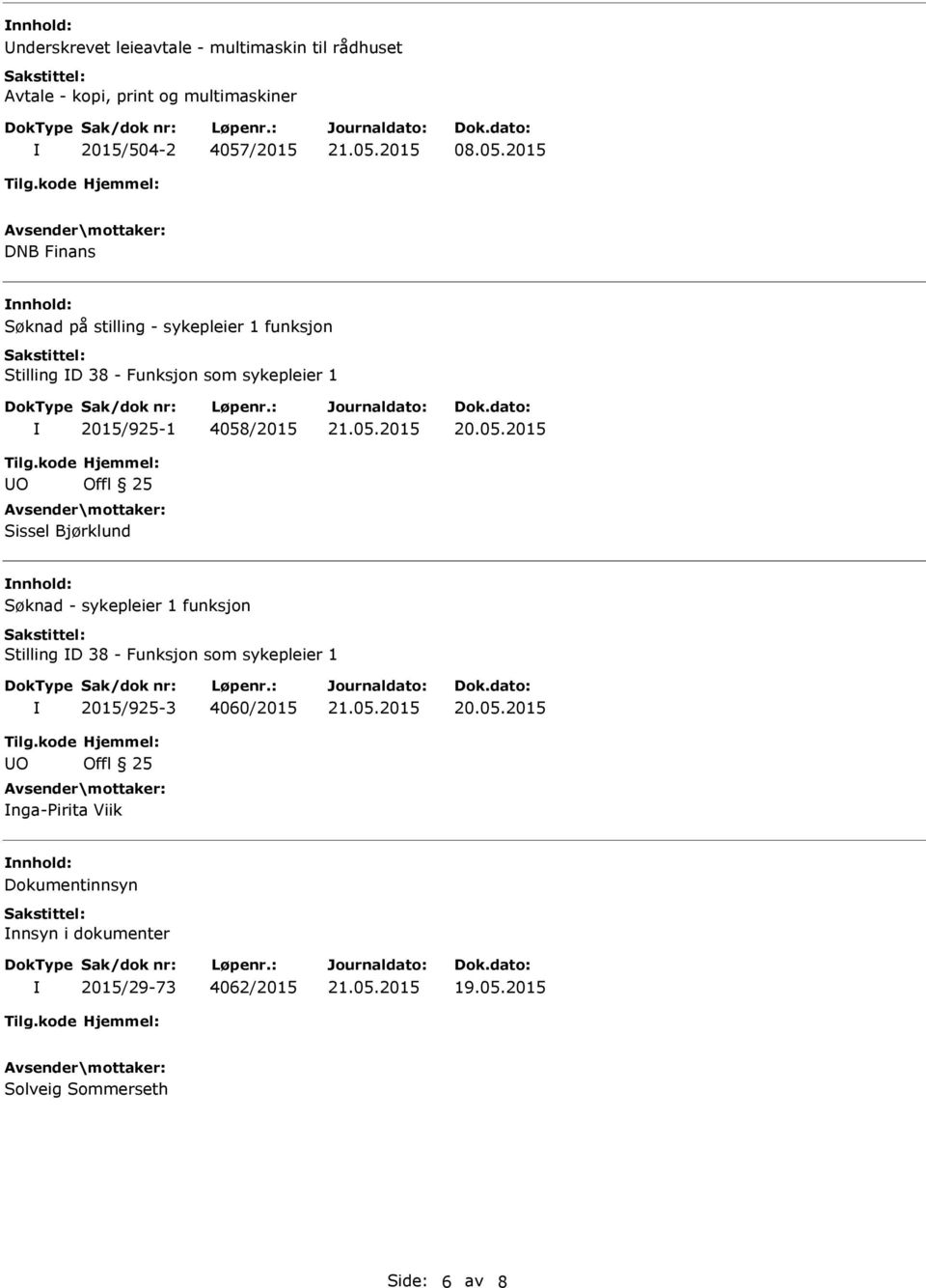 2015/925-1 4058/2015 O Offl 25 Sissel Bjørklund Søknad - sykepleier 1 funksjon Stilling D 38 - Funksjon som