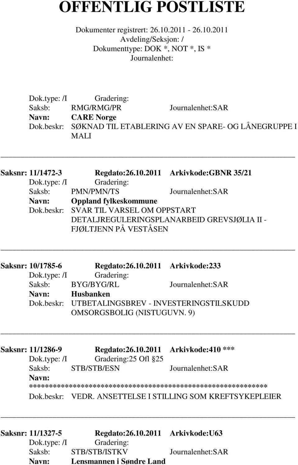 beskr: SVAR TIL VARSEL OM OPPSTART DETALJREGULERINGSPLANARBEID GREVSJØLIA II - FJØLTJENN PÅ VESTÅSEN Saksnr: 10/1785-6 Regdato:26.10.2011 Arkivkode:233 Saksb: BYG/BYG/RL SAR Husbanken Dok.