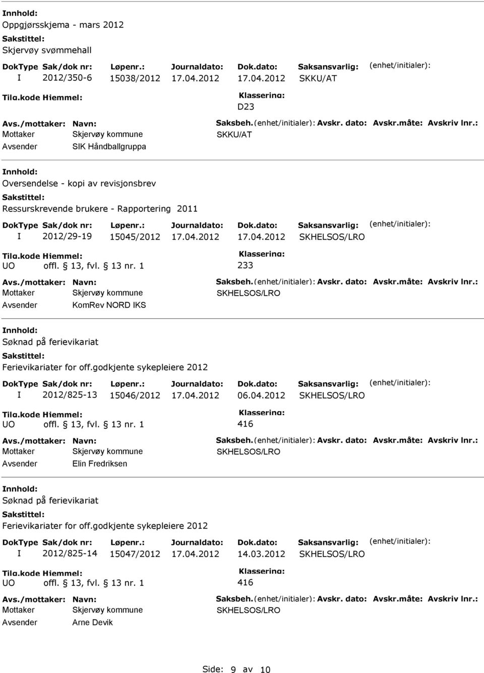 /mottaker: Navn: Saksbeh. Avskr. dato: Avskr.måte: Avskriv lnr.: KomRev NORD KS nnhold: 2012/825-13 15046/2012 06.04.2012 Avs./mottaker: Navn: Saksbeh. Avskr. dato: Avskr.måte: Avskriv lnr.: Elin Fredriksen nnhold: 2012/825-14 15047/2012 14.