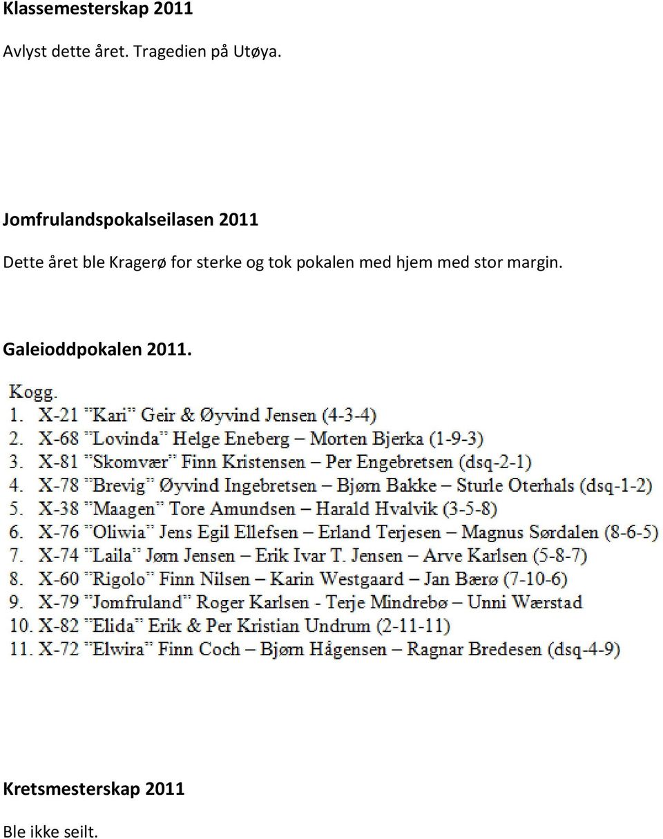 Jomfrulandspokalseilasen 2011 Dette året ble Kragerø