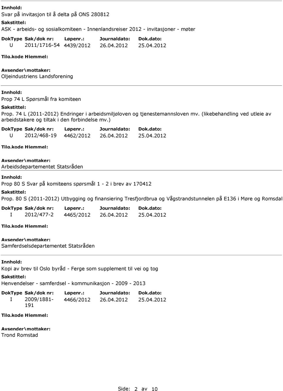 ) 2012/468-19 4462/2012 Arbeidsdepartementet Statsråden Prop 80 S Svar på komiteens spørsmål 1-2 i brev av 170412 Prop.