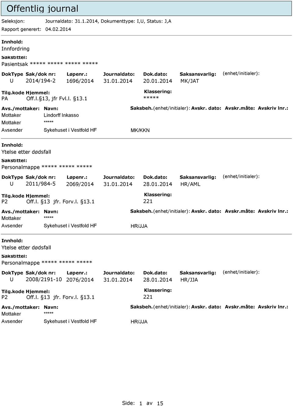 : Mottaker Lindorff nkasso Mottaker MK/KKN Ytelse etter dødsfall Personalmappe 2011/984-5 2069/2014 Avs./mottaker: Navn: Saksbeh. Avskr.