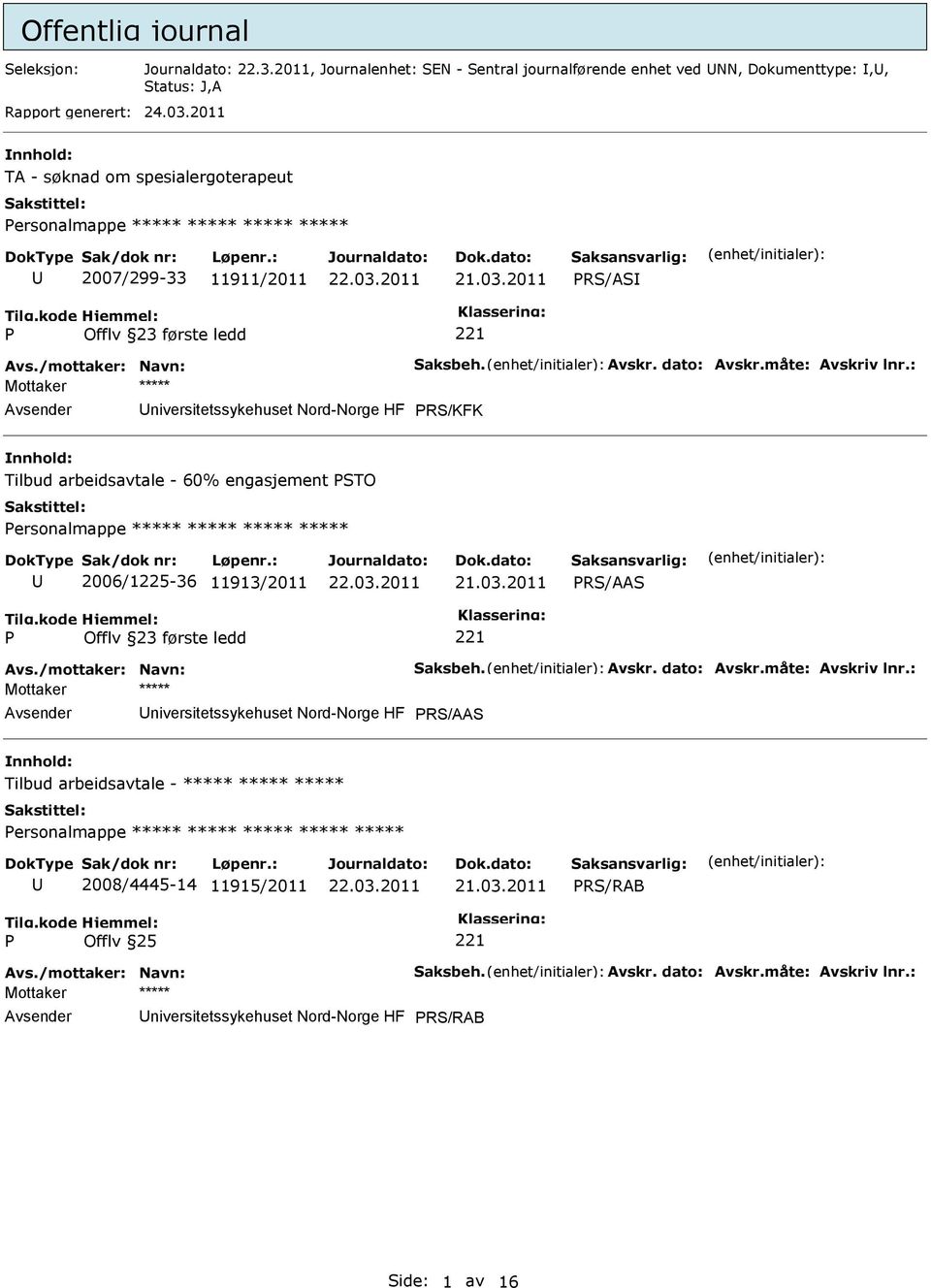 RS/KFK Tilbud arbeidsavtale - 60% engasjement STO ersonalmappe ***** ***** ***** ***** 2006/1225-36 11913/2011 RS/AAS Offlv 23 første ledd niversitetssykehuset