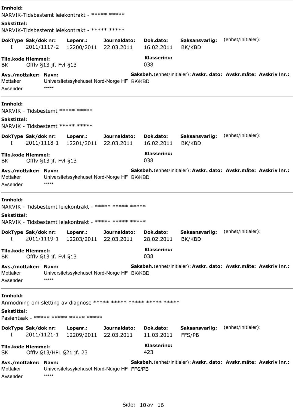 2011 BK/KBD BK 038 Mottaker niversitetssykehuset Nord-Norge HF BK/KBD ***** NARVK - Tidsbestemt leiekontrakt - ***** ***** ***** NARVK - Tidsbestemt leiekontrakt - ***** ***** ***** 2011/1119-1