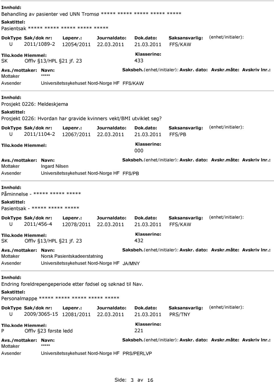 2011/1104-2 12067/2011 FFS/B 000 Mottaker ngard Nilsen niversitetssykehuset Nord-Norge HF FFS/B åminnelse - ***** ***** ***** asientsak - ***** ***** ***** 2011/456-4 12078/2011 432