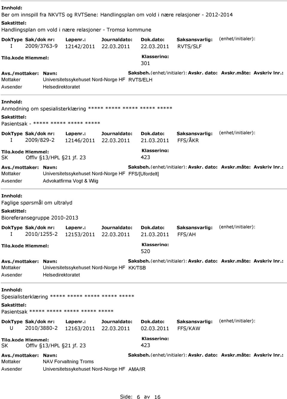 niversitetssykehuset Nord-Norge HF FFS/[fordelt] Advokatfirma Vogt & Wiig Faglige spørsmål om ultralyd Bioreferansegruppe 2010-2013 2010/1255-2 12153/2011 FFS/AH 520 Mottaker niversitetssykehuset