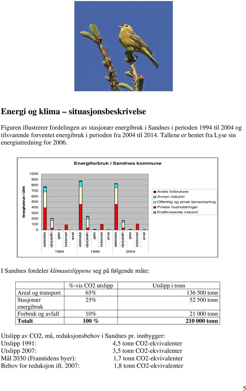 Energiforbruk i Sandnes kommune 1000 900 Energiforbruk i GWh 800 700 600 500 400 300 200 Andre forbrukere Annen industri Offentlig og privat tjenesteyting Private husholdninger Kraftkrevende industri