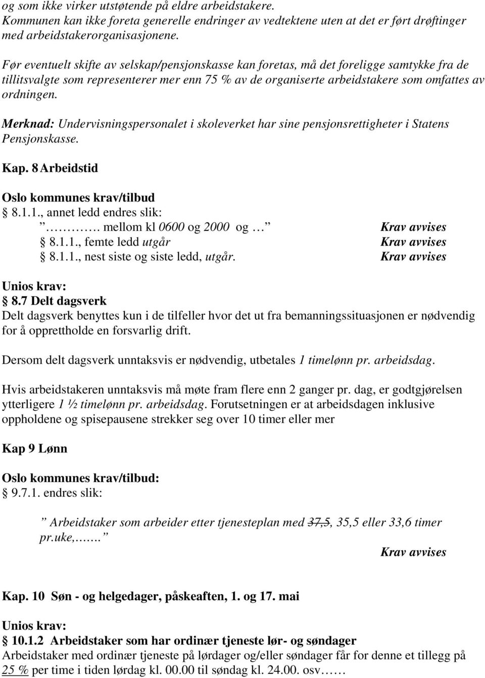 Merknad: Undervisningspersonalet i skoleverket har sine pensjonsrettigheter i Statens Pensjonskasse. Kap. 8 Arbeidstid Oslo kommunes krav/tilbud 8.1.1., annet ledd endres slik:.