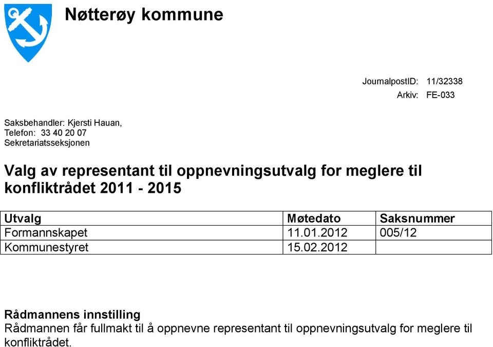 2011-2015 Utvalg Formannskapet Kommunestyret Møtedato 11.01.2012 15.02.