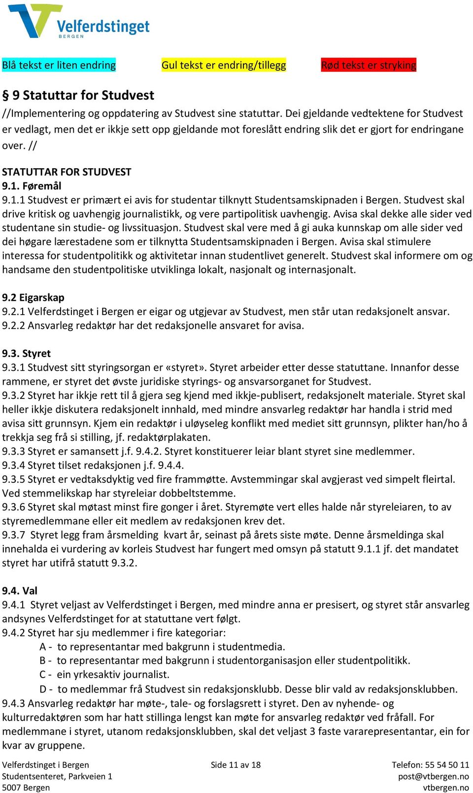 Føremål 9.1.1 Studvest er primært ei avis for studentar tilknytt Studentsamskipnaden i Bergen. Studvest skal drive kritisk og uavhengig journalistikk, og vere partipolitisk uavhengig.