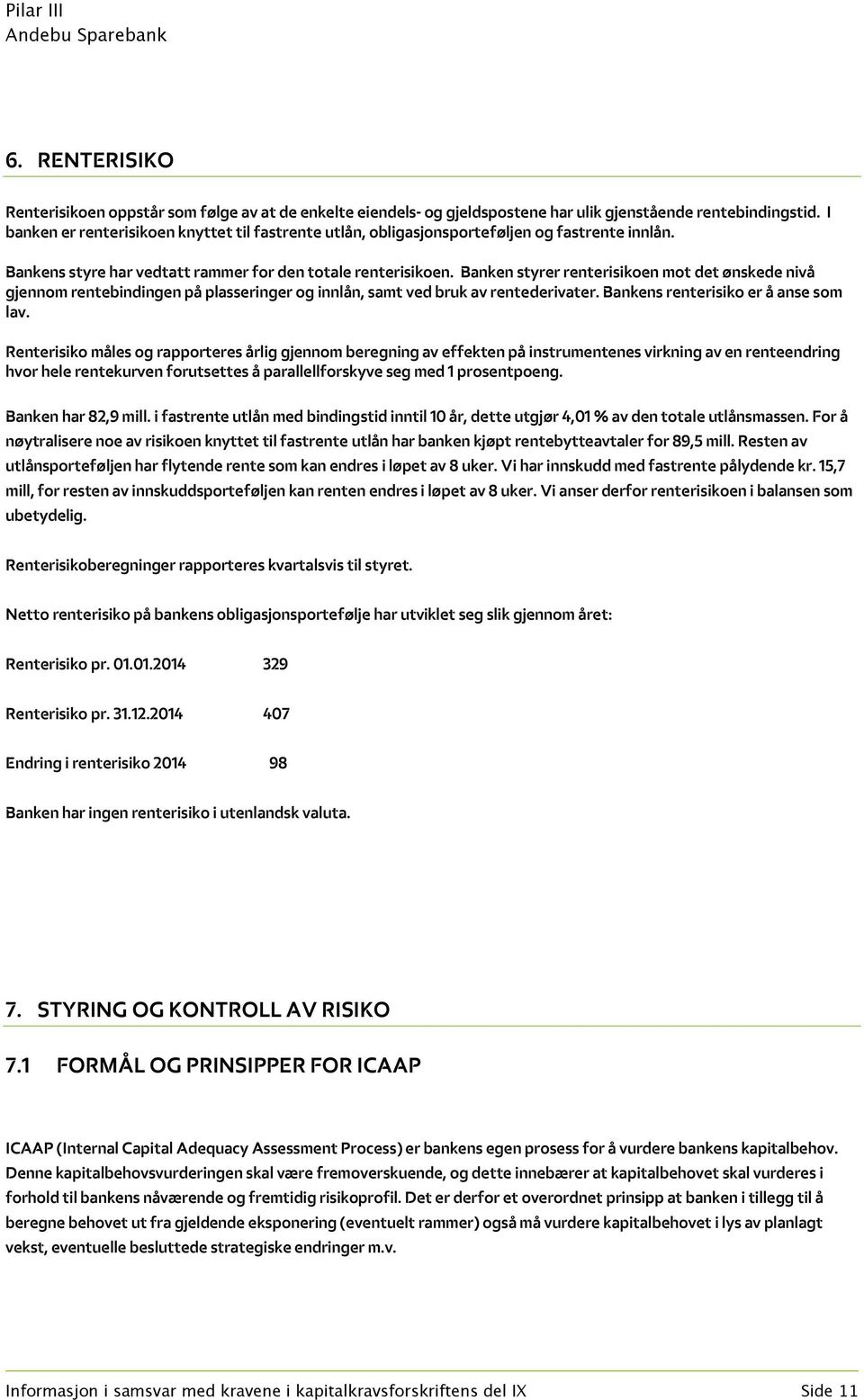 Banken styrer renterisikoen mot det ønskede nivå gjennom rentebindingen på plasseringer og innlån, samt ved bruk av rentederivater. Bankens renterisiko er å anse som lav.