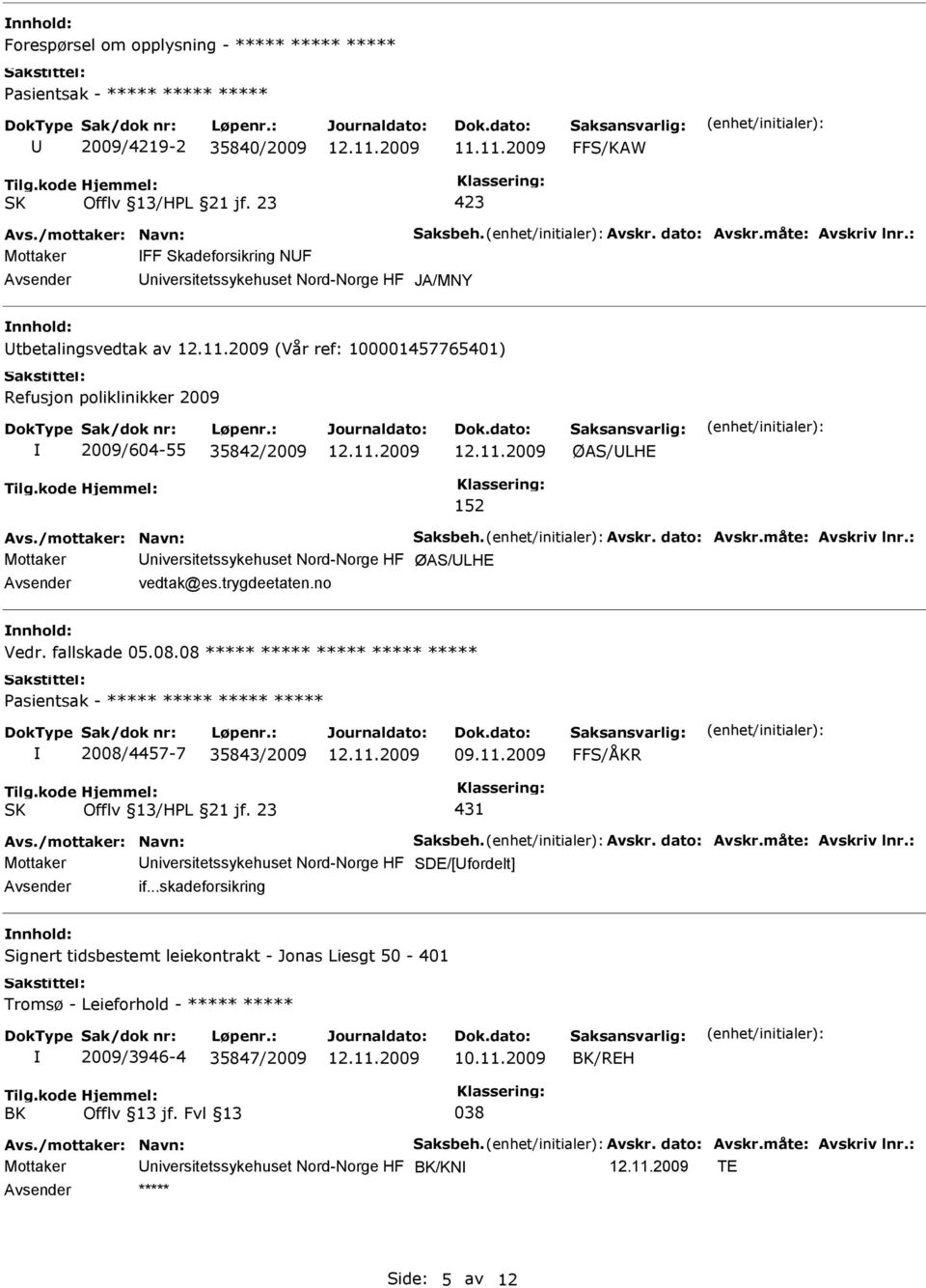 08.08 ***** ***** ***** ***** ***** Pasientsak - ***** ***** ***** ***** 2008/4457-7 35843/2009 09.11.2009 FFS/ÅKR 431 Mottaker niversitetssykehuset Nord-Norge HF SDE/[fordelt] if.