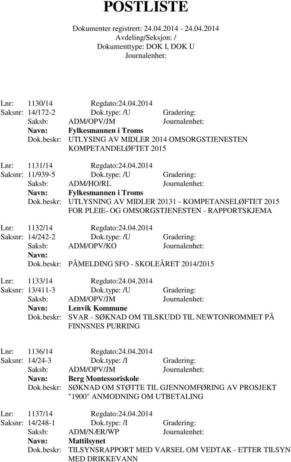 2014 Saksnr: 14/242-2 Dok.type: /U Gradering: Saksb: ADM/OPV/KO Dok.beskr: PÅMELDING SFO - SKOLEÅRET 2014/2015 Lnr: 1133/14 Regdato:24.04.2014 Saksnr: 13/411-3 Dok.