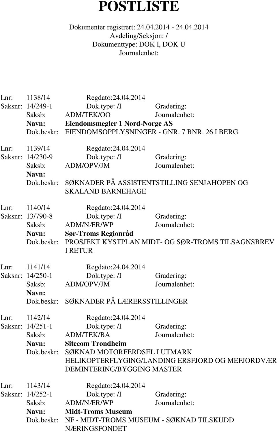 type: /I Gradering: Sør-Troms Regionråd Dok.beskr: PROSJEKT KYSTPLAN MIDT- OG SØR-TROMS TILSAGNSBREV I RETUR Lnr: 1141/14 Regdato:24.04.2014 Saksnr: 14/250-1 Dok.type: /I Gradering: Dok.