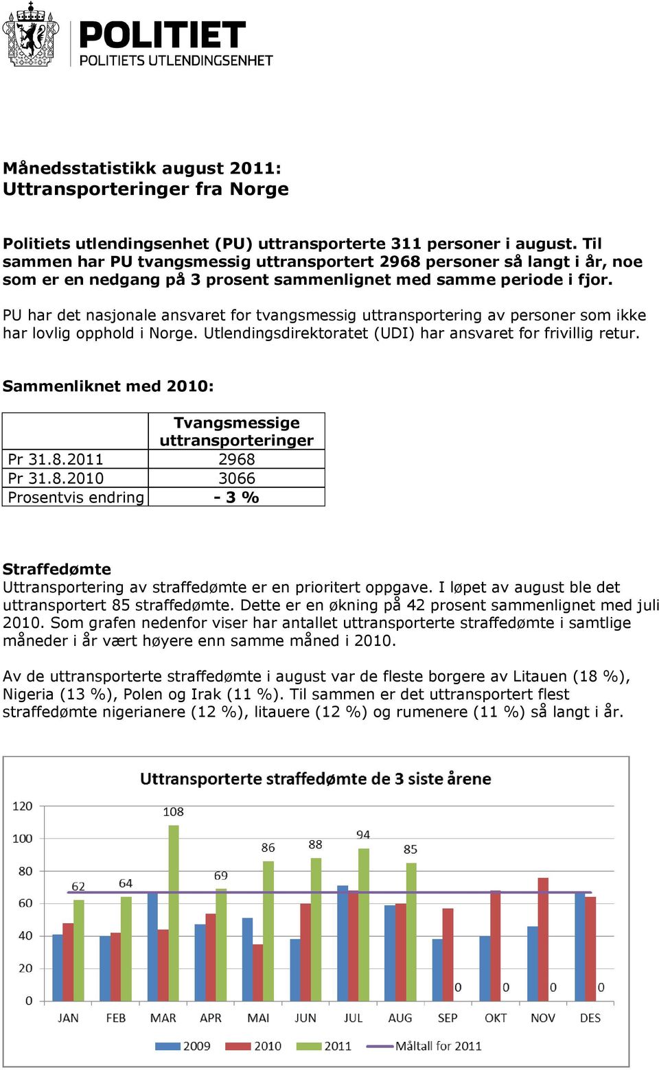 PU har det nasjonale ansvaret for tvangsmessig uttransportering av personer som ikke har lovlig opphold i Norge. Utlendingsdirektoratet (UDI) har ansvaret for frivillig retur.