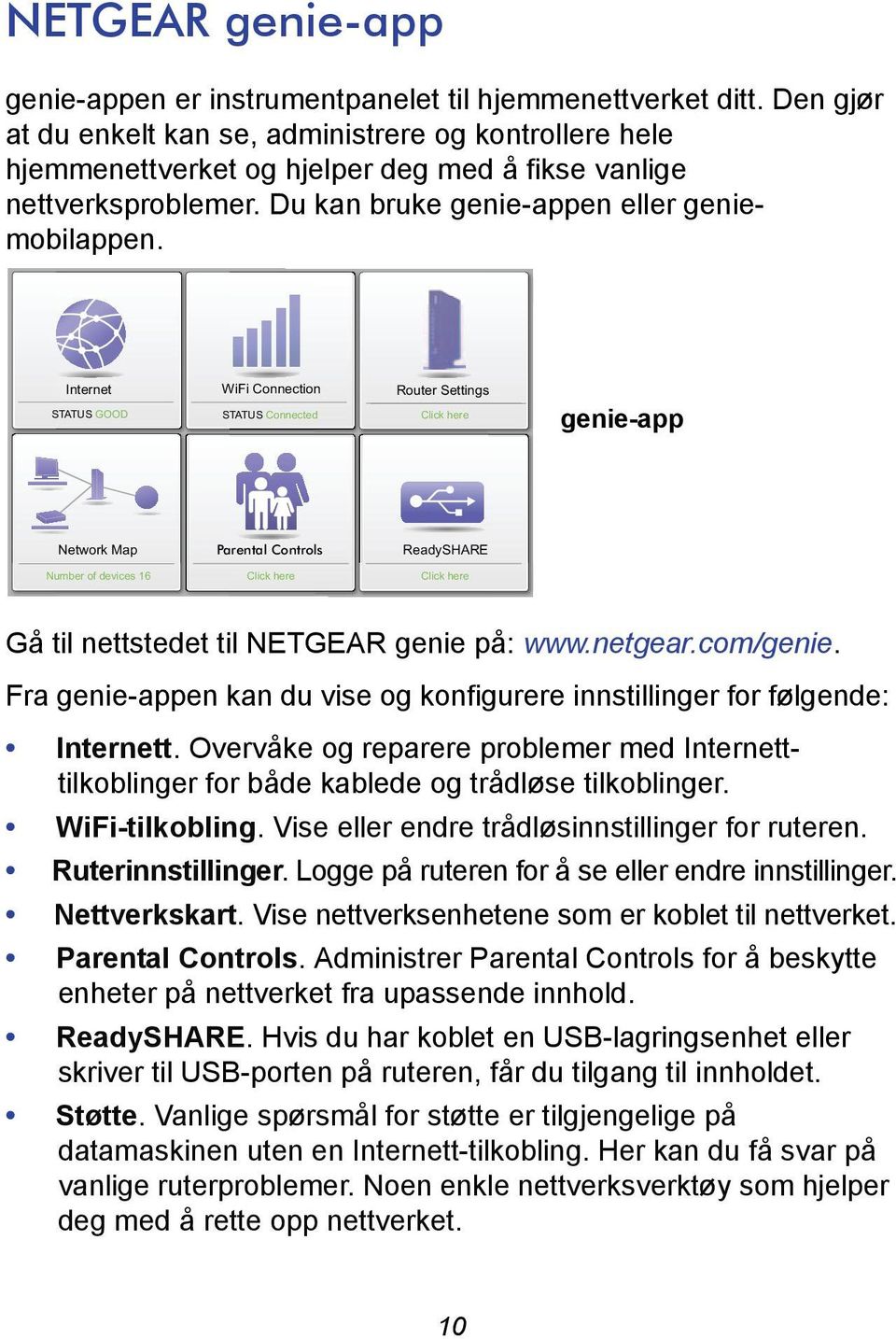 Internet STATUS GOOD WiFi Connection STATUS Connected Router Settings Click here genie-app Network Map Parental Controls ReadySHARE Number of devices 16 Click here Click here Gå til nettstedet til
