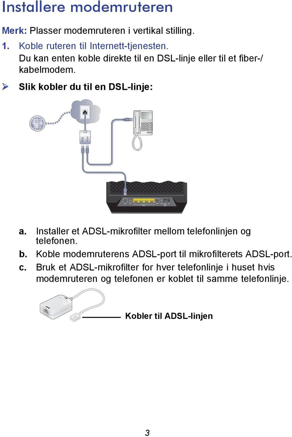 Installer et ADSL-mikrofilter mellom telefonlinjen og telefonen. b.