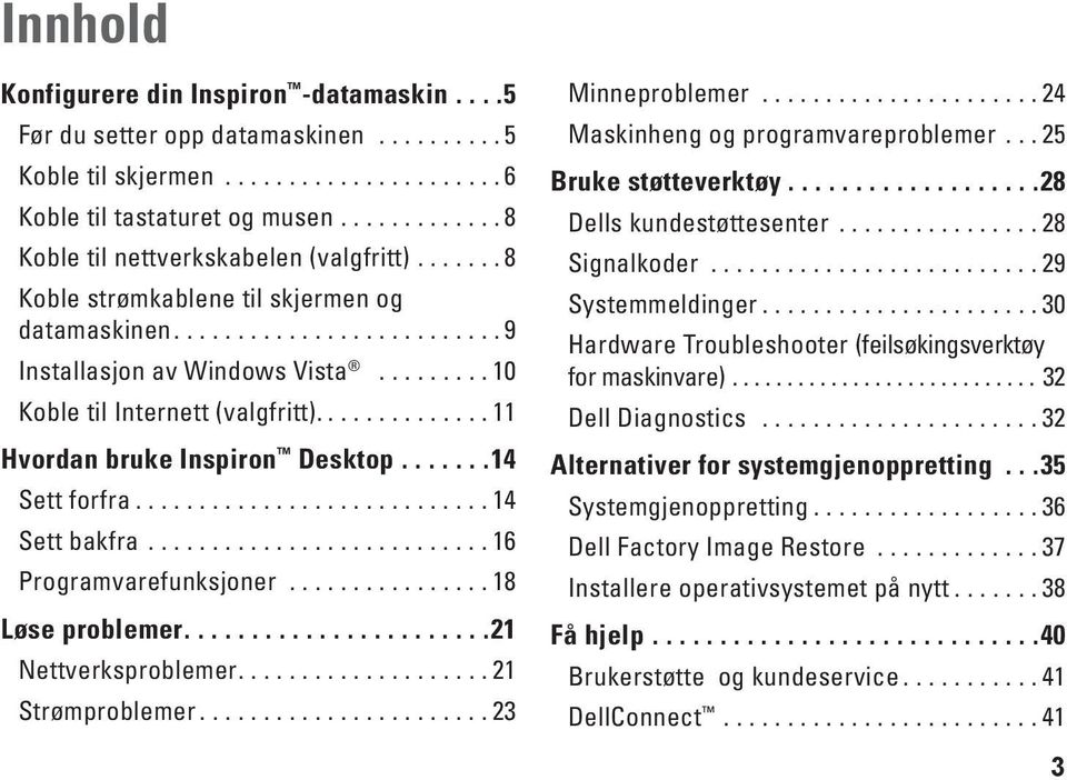 ........ 10 Koble til Internett (valgfritt).............. 11 Hvordan bruke Inspiron Desktop.......14 Sett forfra............................ 14 Sett bakfra........................... 16 Programvarefunksjoner.