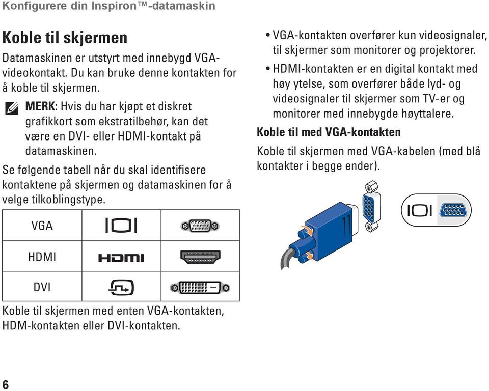 Se følgende tabell når du skal identifisere kontaktene på skjermen og datamaskinen for å velge tilkoblingstype. VGA-kontakten overfører kun videosignaler, til skjermer som monitorer og projektorer.