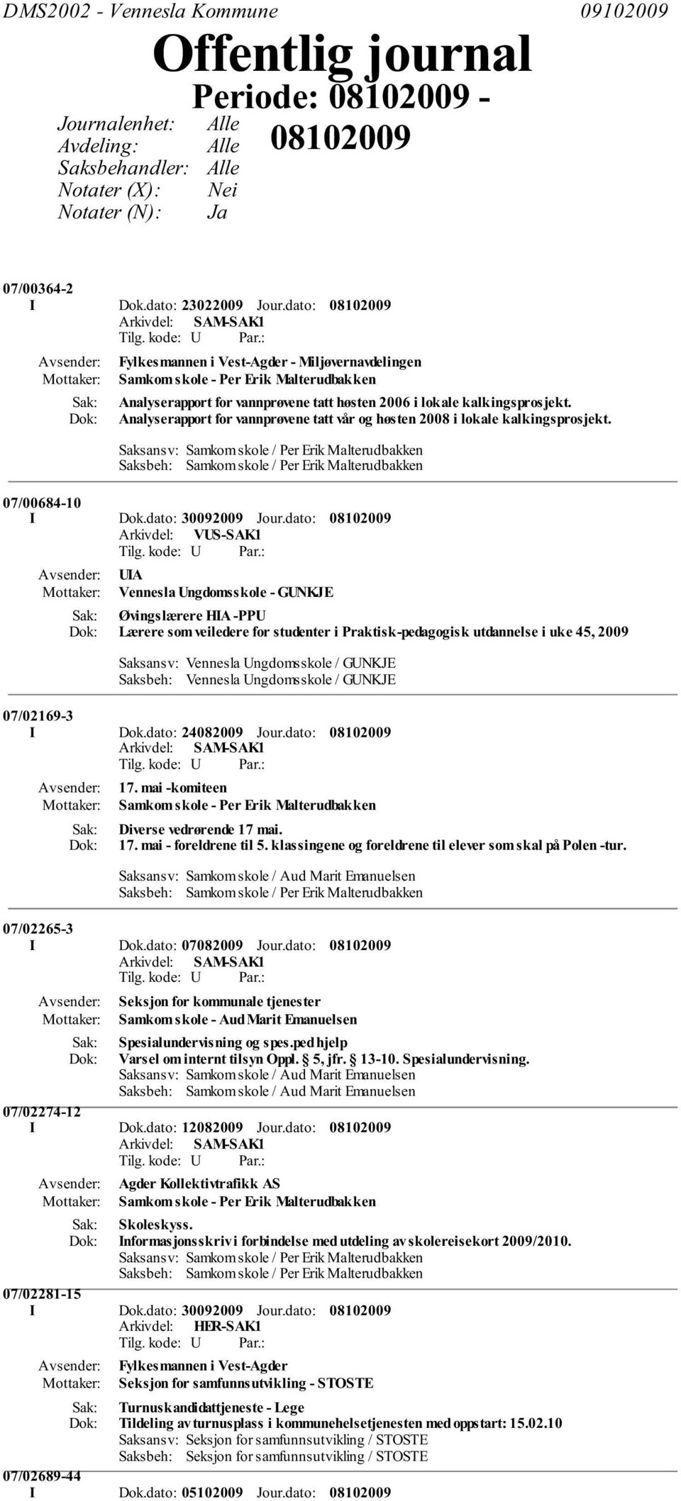 Analyserapport for vannprøvene tatt vår og høsten 2008 i lokale kalkingsprosjekt. 07/00684-10 I Dok.dato: 30092009 Jour.