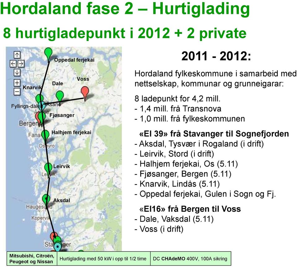 frå fylkeskommunen «El 39» frå Stavanger til Sognefjorden - Aksdal, Tysvær i Rogaland (i drift) - Leirvik, Stord (i drift) - Halhjem ferjekai, Os (5.11) - Fjøsanger, Bergen (5.