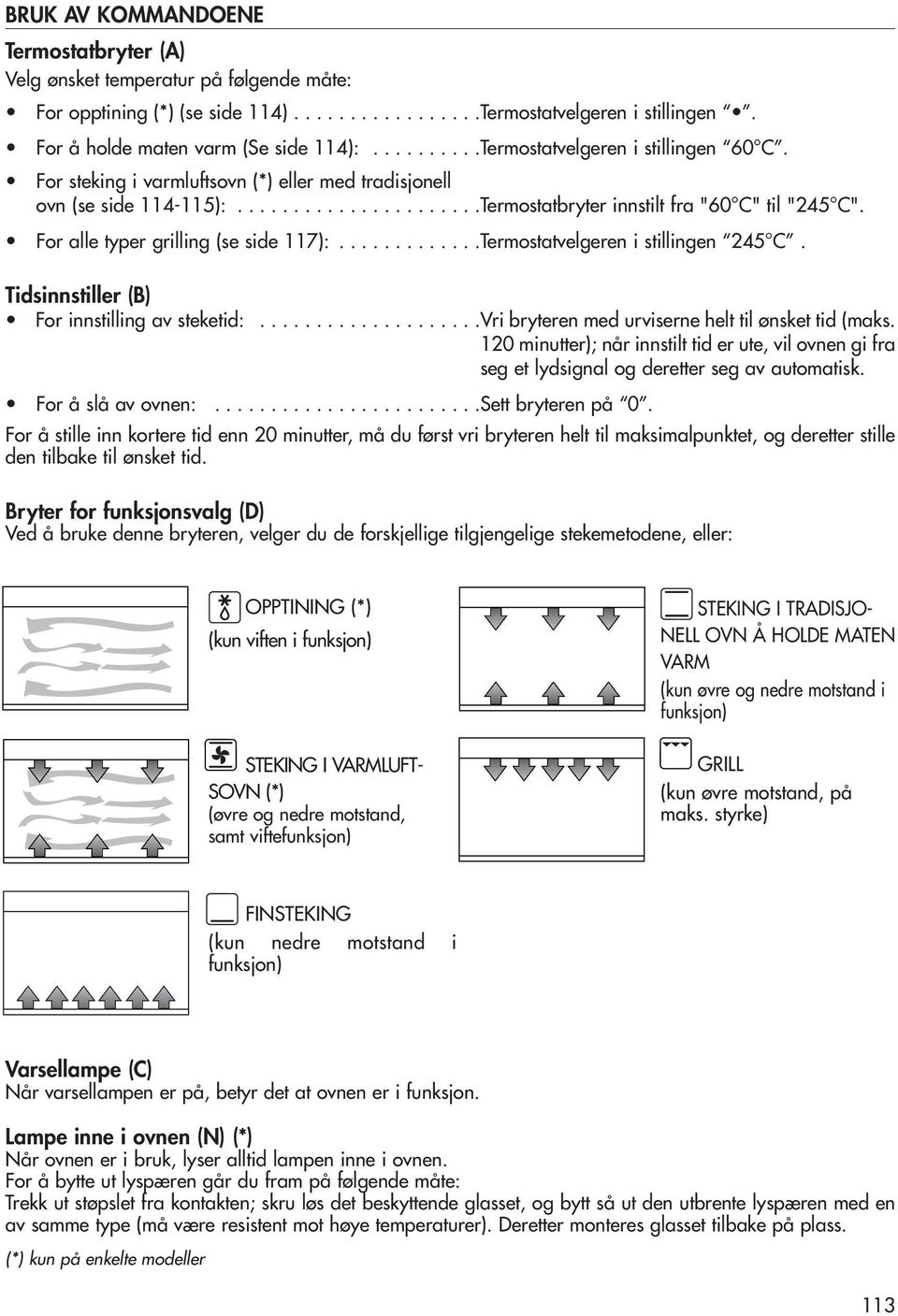 For alle typer grilling (se side 117):.............Termostatvelgeren i stillingen 245 C. Tidsinnstiller (B) For innstilling av steketid:....................vri bryteren med urviserne helt til ønsket tid (maks.