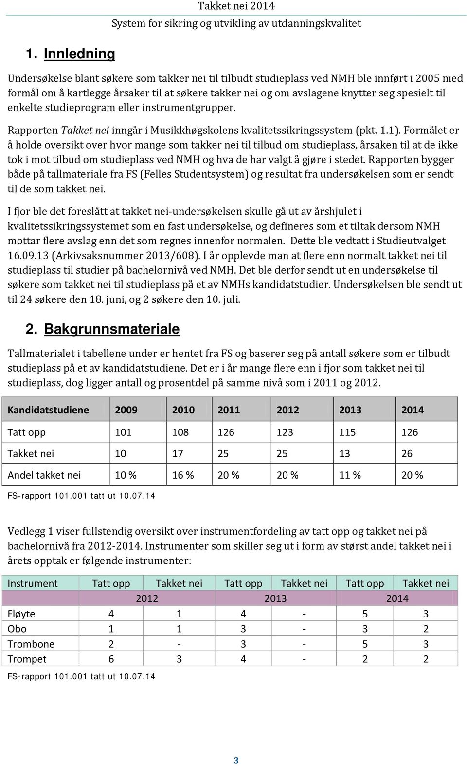 Formålet er å holde oversikt over hvor mange som takker nei til tilbud om studieplass, årsaken til at de ikke tok i mot tilbud om studieplass ved NMH og hva de har valgt å gjøre i stedet.