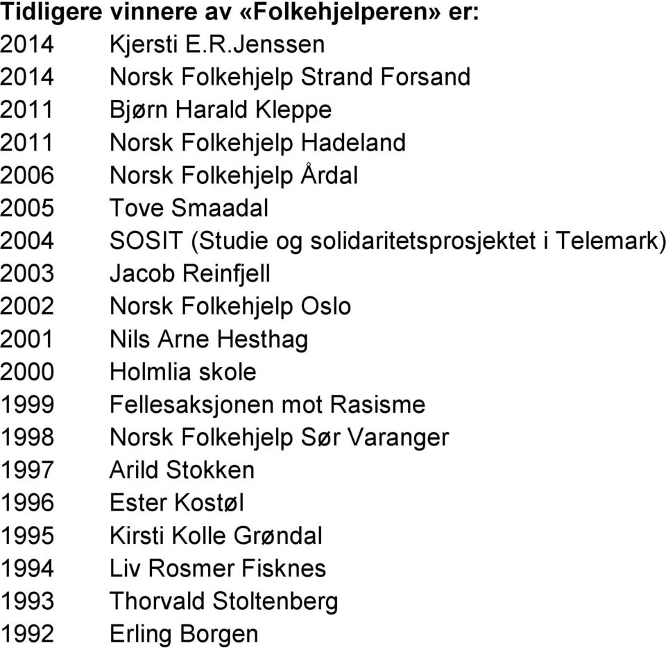 og solidaritetsprosjektet i Telemark) 2003 Jacob Reinfjell 2002 Oslo 2001 Nils Arne Hesthag 2000 Holmlia skole 1999