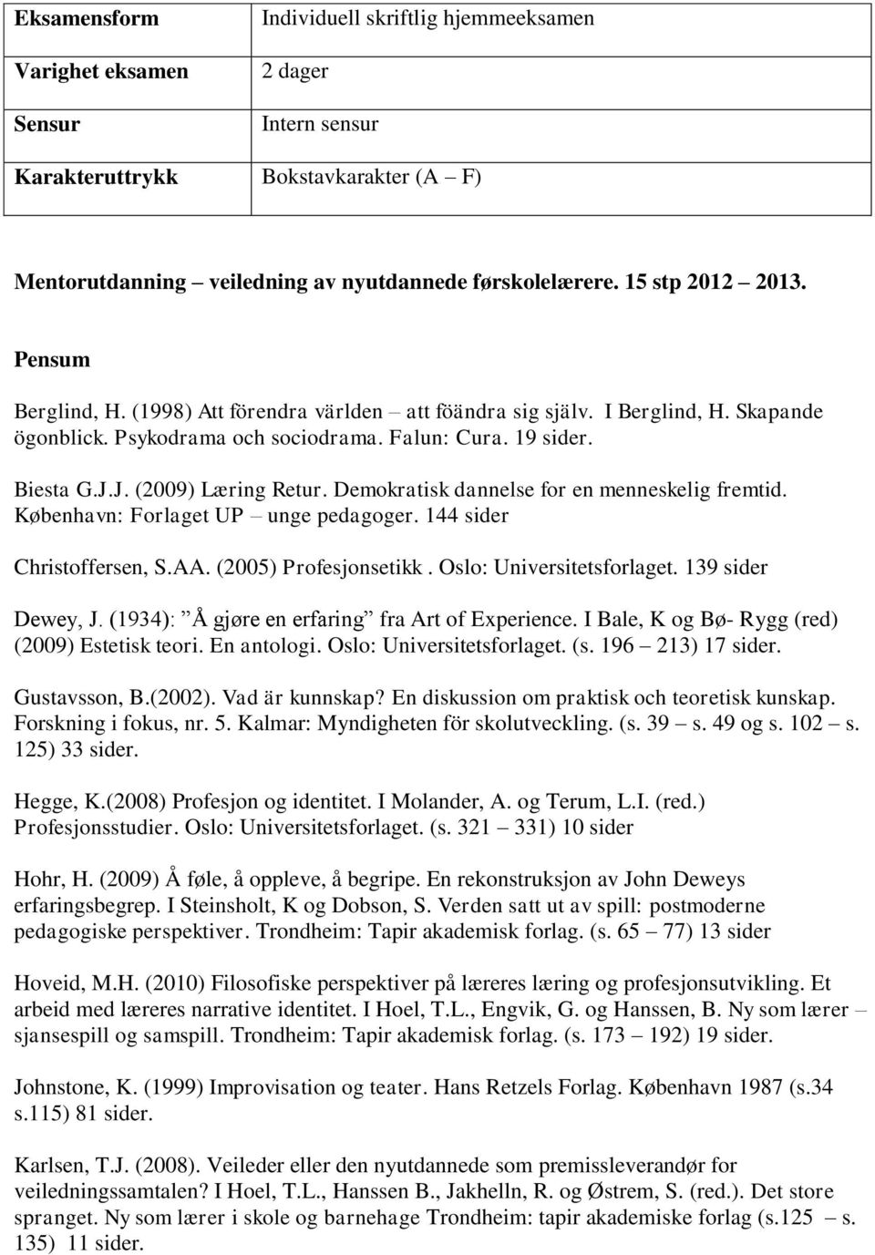 J. (2009) Læring Retur. Demokratisk dannelse for en menneskelig fremtid. København: Forlaget UP unge pedagoger. 144 sider Christoffersen, S.AA. (2005) Profesjonsetikk. Oslo: Universitetsforlaget.