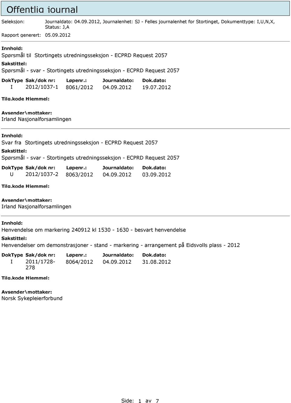 2012 rland Nasjonalforsamlingen Svar fra Stortingets utredningsseksjon - ECPRD Request 2057 Spørsmål - svar - Stortingets utredningsseksjon - ECPRD Request 2057 2012/1037-2 8063/2012 rland