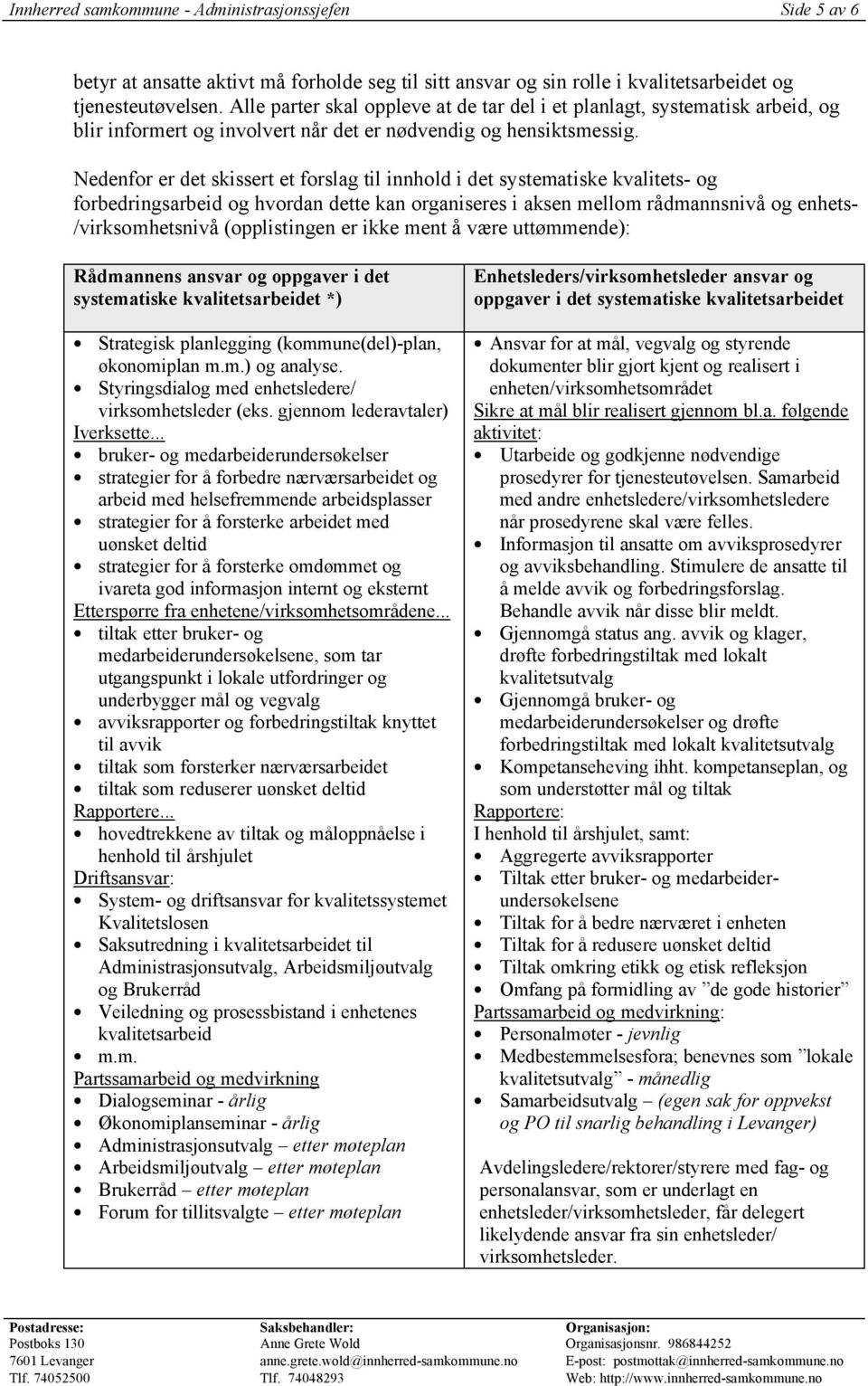 Nedenfor er det skissert et forslag til innhold i det systematiske kvalitets- og forbedringsarbeid og hvordan dette kan organiseres i aksen mellom rådmannsnivå og enhets- /virksomhetsnivå