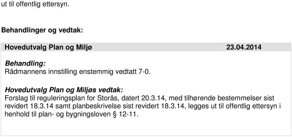 Hovedutvalg Plan og Miljøs vedtak: Forslag til reguleringsplan for Storås, datert 20.3.