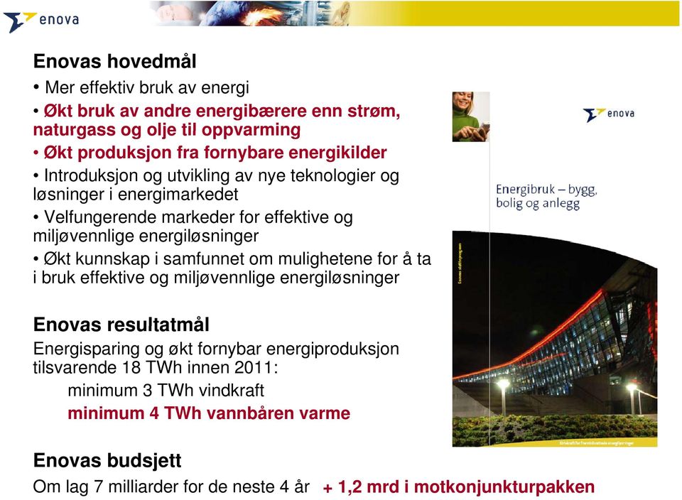 samfunnet om mulighetene for å ta i bruk effektive og miljøvennlige energiløsninger Enovas resultatmål Energisparing og økt fornybar energiproduksjon