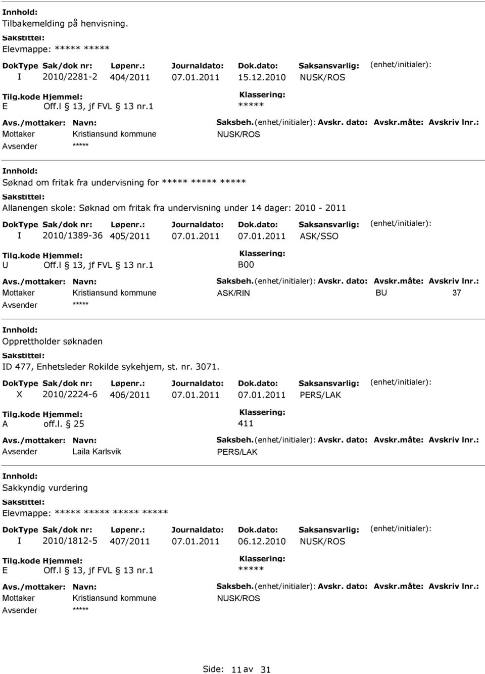 Avskr. dato: Avskr.måte: Avskriv lnr.: ASK/RN B 37 Opprettholder søknaden D 477, nhetsleder Rokilde sykehjem, st. nr. 3071. X 2010/2224-6 406/2011 PRS/LAK A off.l. 25 411 Avs.