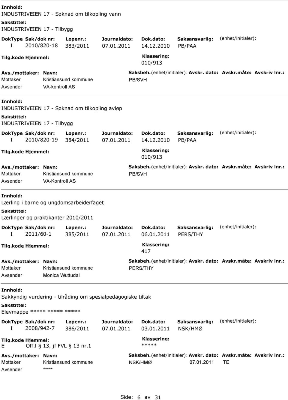 : PB/SVH VA-Kontroll AS Lærling i barne og ungdomsarbeiderfaget Lærlinger og praktikanter 2010/2011 2011/60-1 385/2011 PRS/THY 417 Avs./mottaker: Navn: Saksbeh. Avskr. dato: Avskr.måte: Avskriv lnr.