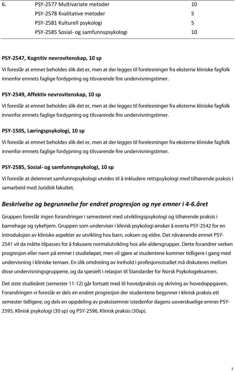 PSY 249, Affektiv nevrovitenskap, sp Vi foreslår at emnet beholdes slik det  PSY 10, Læringspsykologi, sp Vi foreslår at emnet beholdes slik det  PSY 28, Sosial og samfunnspsykologi, sp Vi foreslår