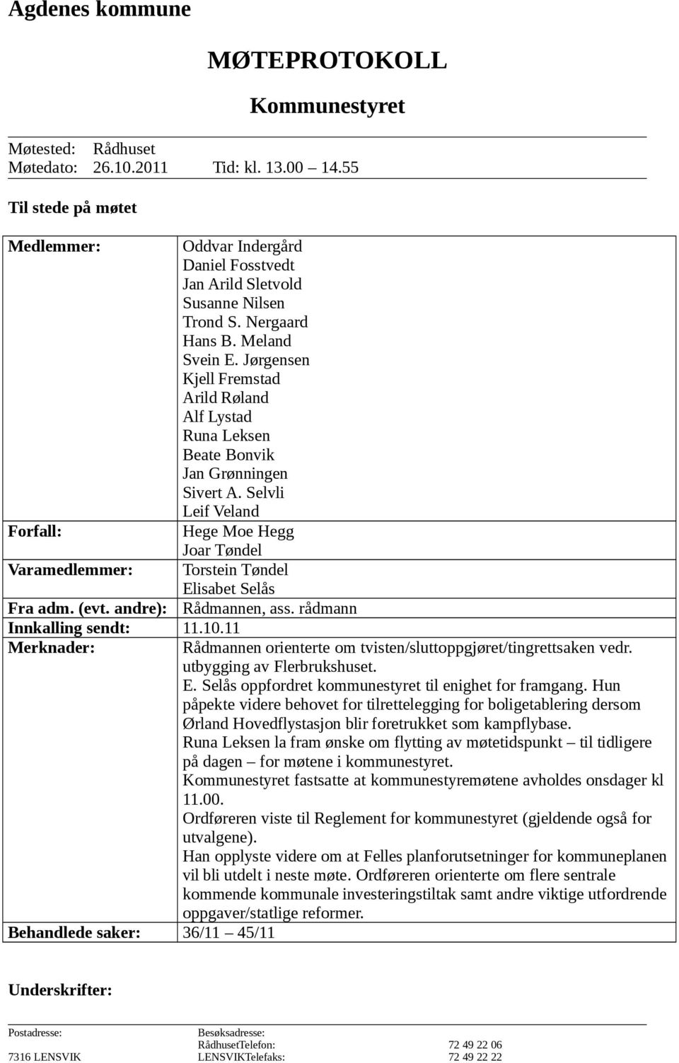 Jørgensen Kjell Fremstad Arild Røland Alf Lystad Runa Leksen Beate Bonvik Jan Grønningen Sivert A. Selvli Leif Veland Hege Moe Hegg Joar Tøndel Torstein Tøndel Elisabet Selås Rådmannen, ass.