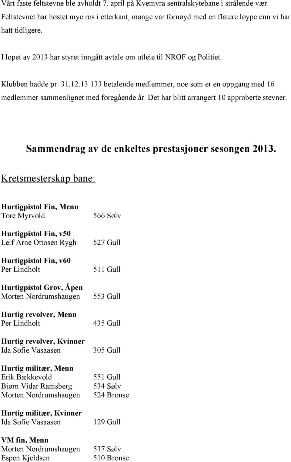 Det har blitt arrangert 10 approberte stevner. Sammendrag av de enkeltes prestasjoner sesongen 2013.