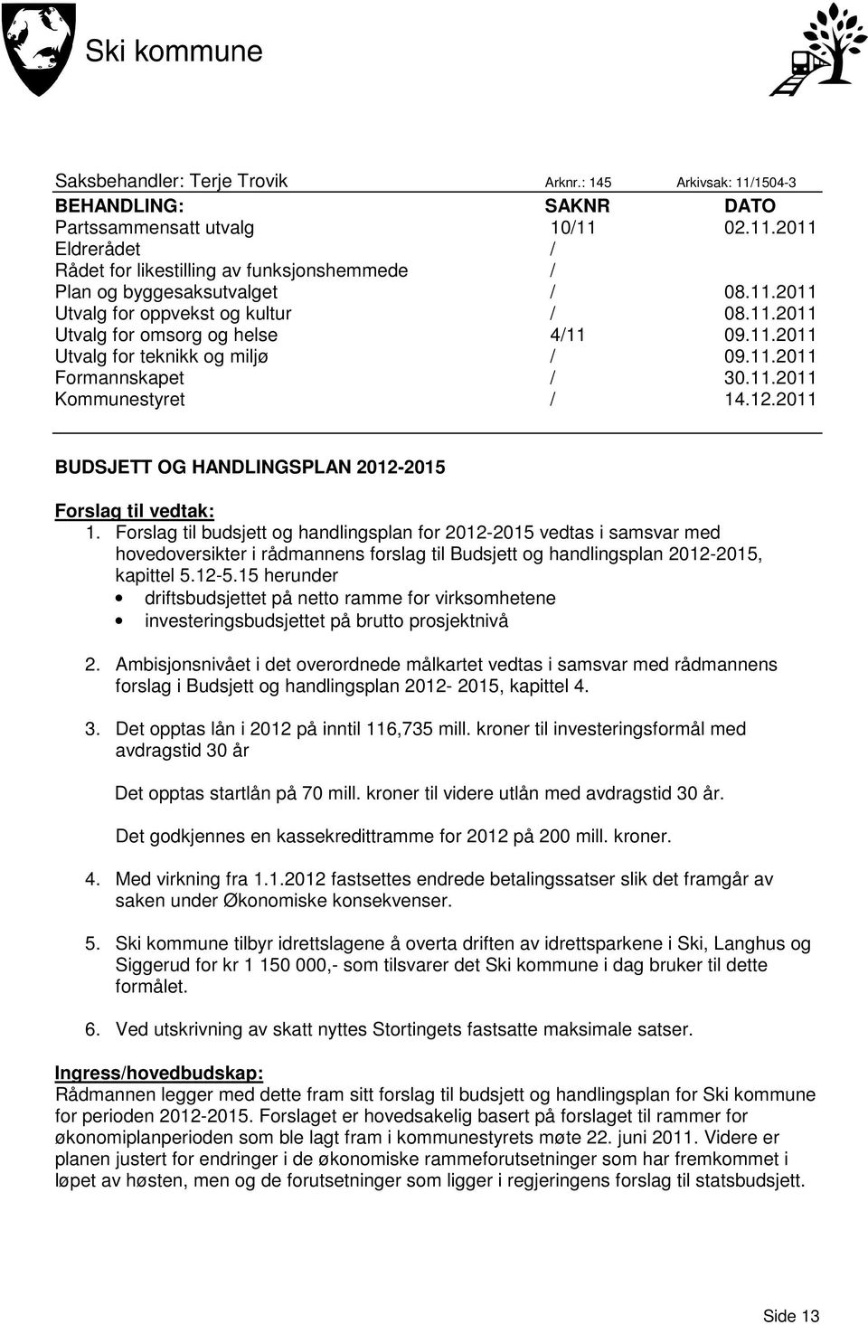 2011 BUDSJETT OG HANDLINGSPLAN 2012-2015 Forslag til vedtak: 1.