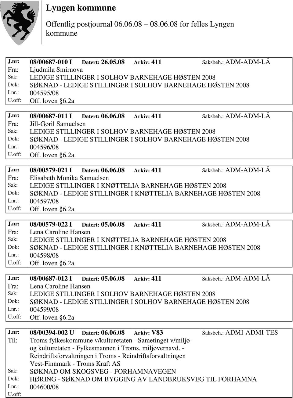 : 004598/08 J.nr: 08/00687-012 I Datert: 05.06.08 Arkiv: 411 Saksbeh.: ADM-ADM-LÅ Fra: Lena Caroline Hansen Lnr.: 004599/08 J.nr: 08/00394-002 U Datert: 06.06.08 Arkiv: V83 Saksbeh.