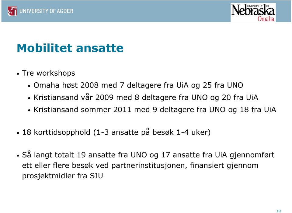 18 korttidsopphold (1-3 ansatte på besøk 1-4 uker) Så langt totalt 19 ansatte fra UNO og 17 ansatte fra