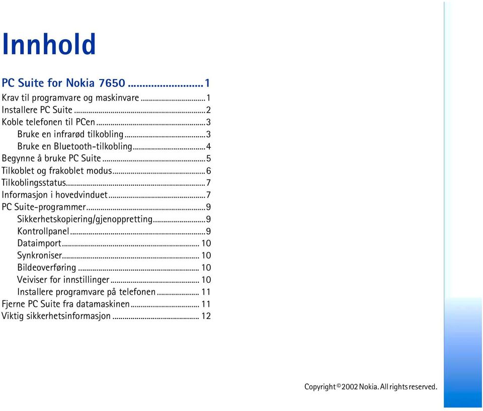 ..7 Informasjon i hovedvinduet...7 PC Suite-programmer...9 Sikkerhetskopiering/gjenoppretting...9 Kontrollpanel...9 Dataimport... 10 Synkroniser.