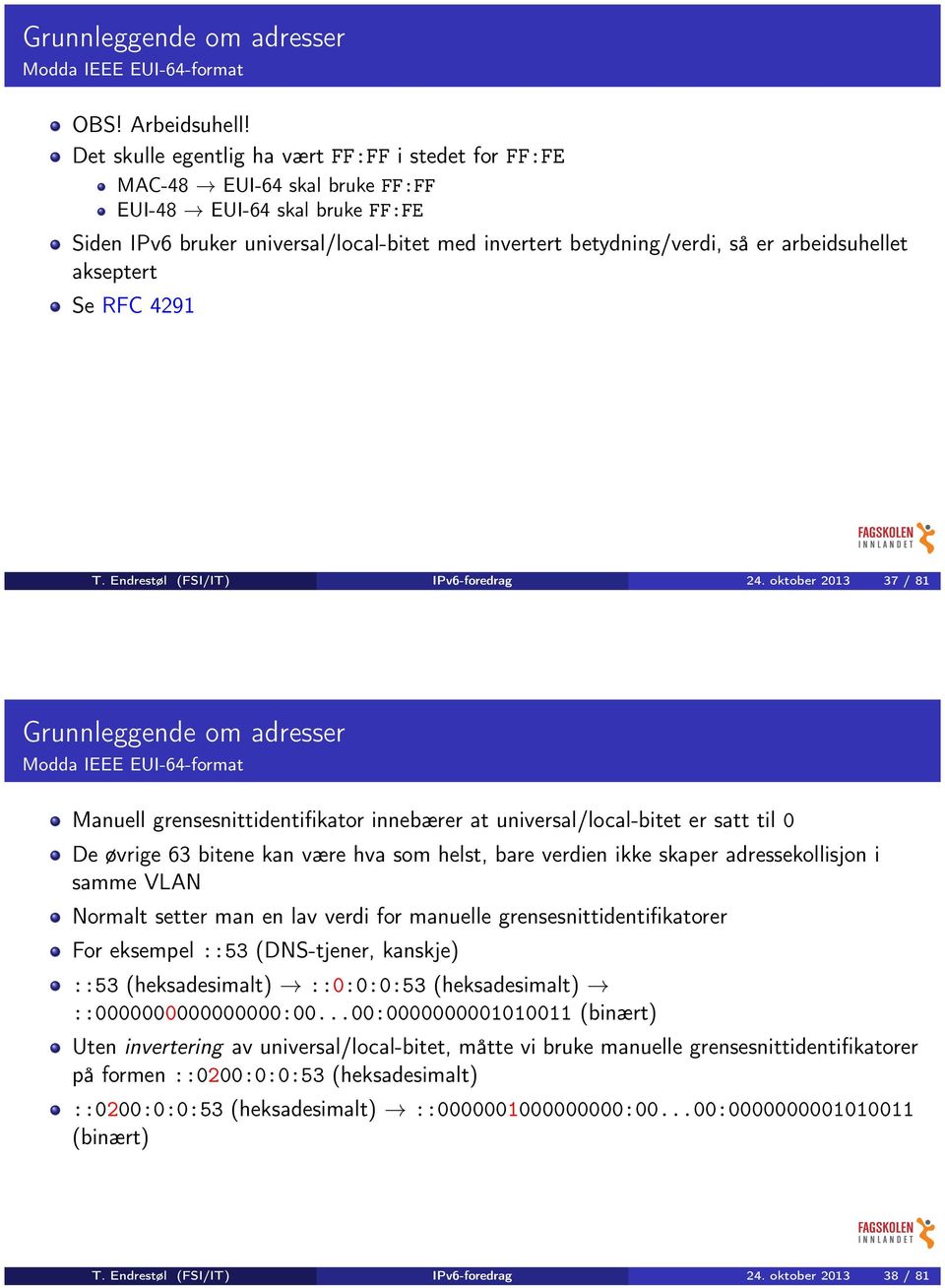 arbeidsuhellet akseptert Se RFC 4291 T. Endrestøl (FSI/IT) IPv6-foredrag 24.