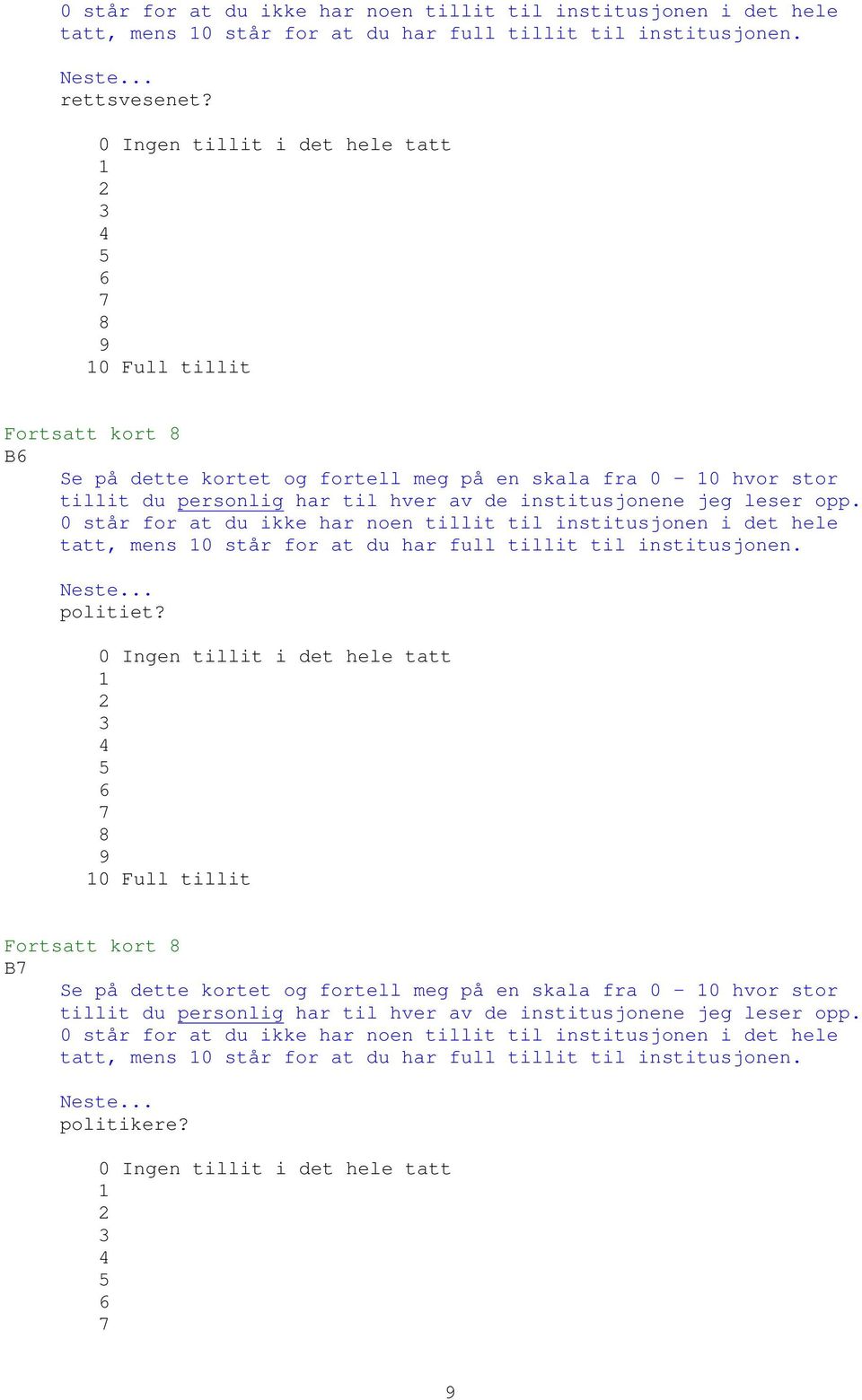 institusjonene jeg leser opp. 0 står for at du ikke har noen tillit til institusjonen i det hele tatt, mens 10 står for at du har full tillit til institusjonen. Neste... politiet?